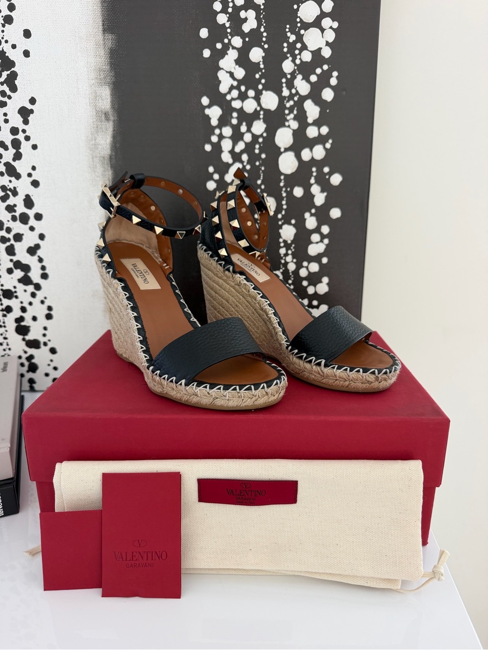 Valentino Black Leather Rockstud Espadrille Wedge Sandals